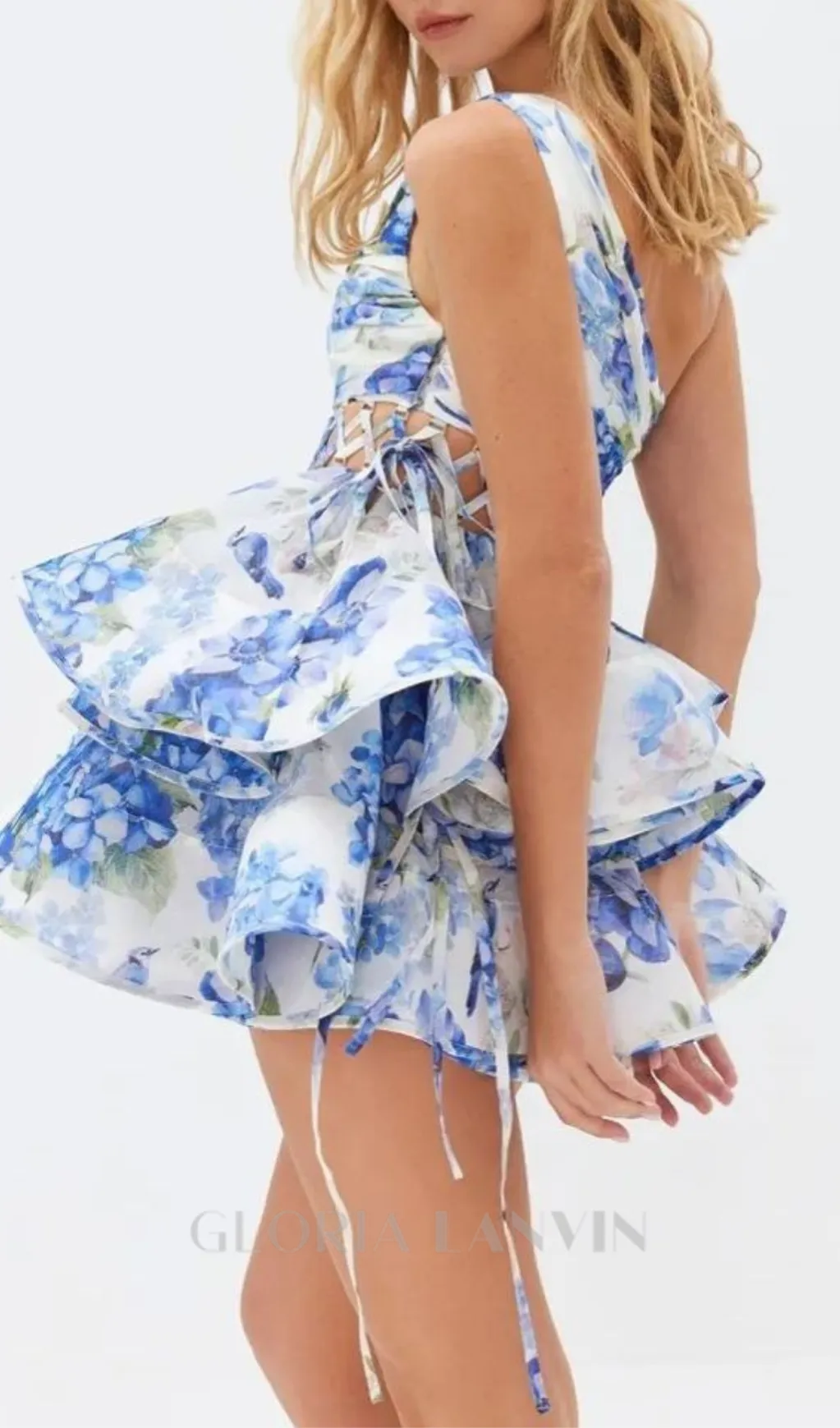 GAIL BLUE FLORAL PRINTED ONE-SHOULDER MINI CHIFFON DRESS Gloria Lanvin