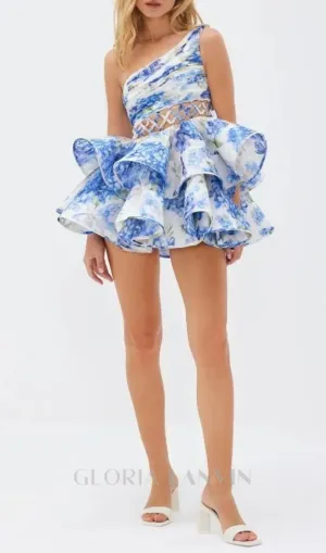 GAIL BLUE FLORAL PRINTED ONE-SHOULDER MINI CHIFFON DRESS Gloria Lanvin