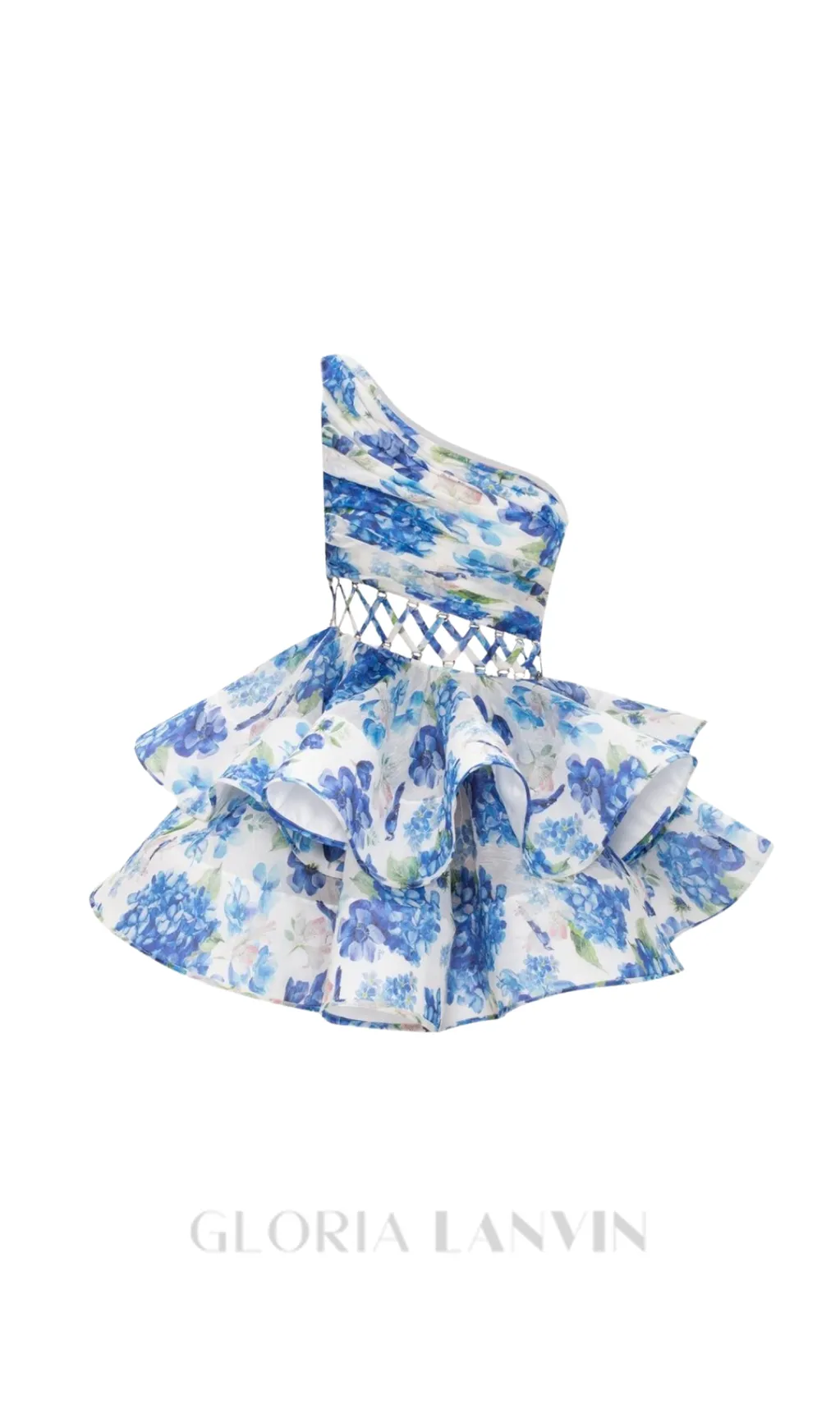 GAIL BLUE FLORAL PRINTED ONE-SHOULDER MINI CHIFFON DRESS Gloria Lanvin