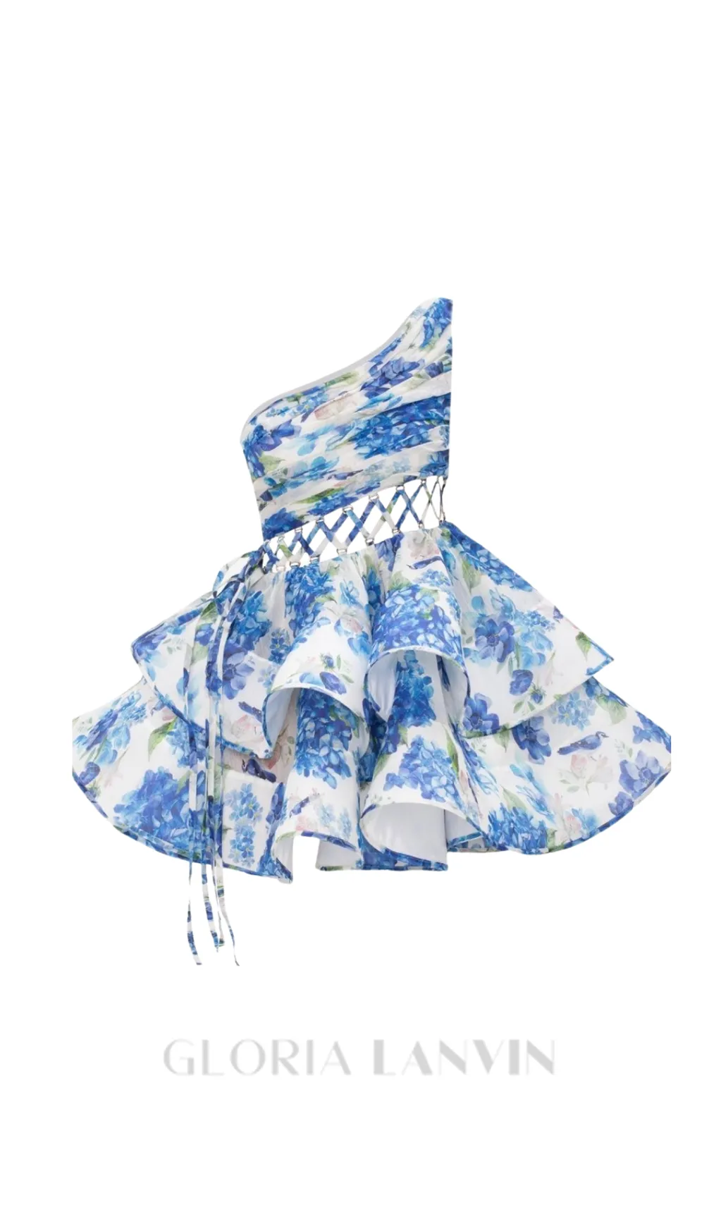 GAIL BLUE FLORAL PRINTED ONE-SHOULDER MINI CHIFFON DRESS Gloria Lanvin