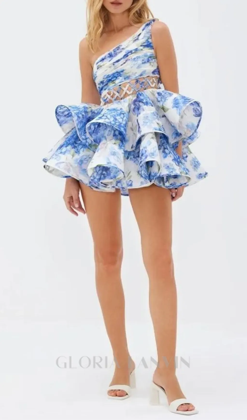 GAIL BLUE FLORAL PRINTED ONE-SHOULDER MINI CHIFFON DRESS Gloria Lanvin