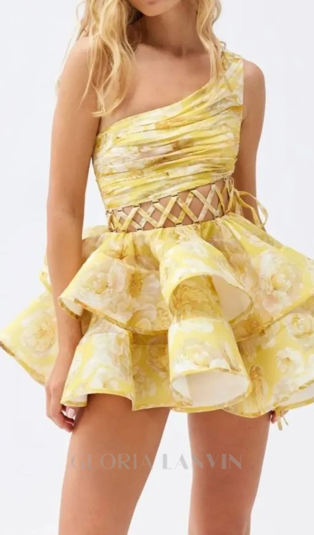 GAIL YELLOW FLORAL PRINTED ONE-SHOULDER MINI CHIFFON DRESS Gloria Lanvin