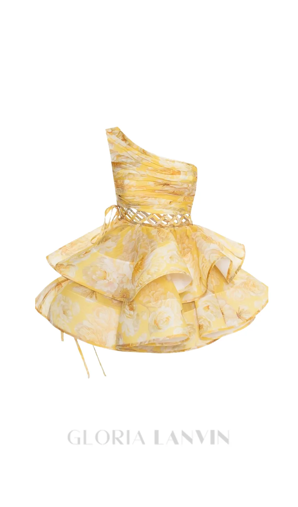 GAIL YELLOW FLORAL PRINTED ONE-SHOULDER MINI CHIFFON DRESS Gloria Lanvin
