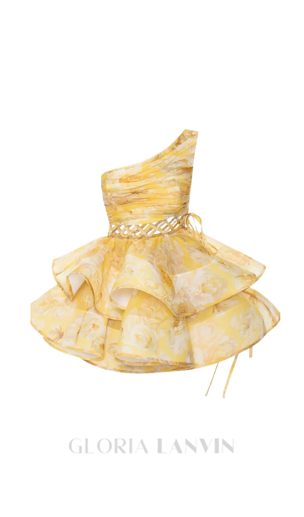 GAIL YELLOW FLORAL PRINTED ONE-SHOULDER MINI CHIFFON DRESS Gloria Lanvin