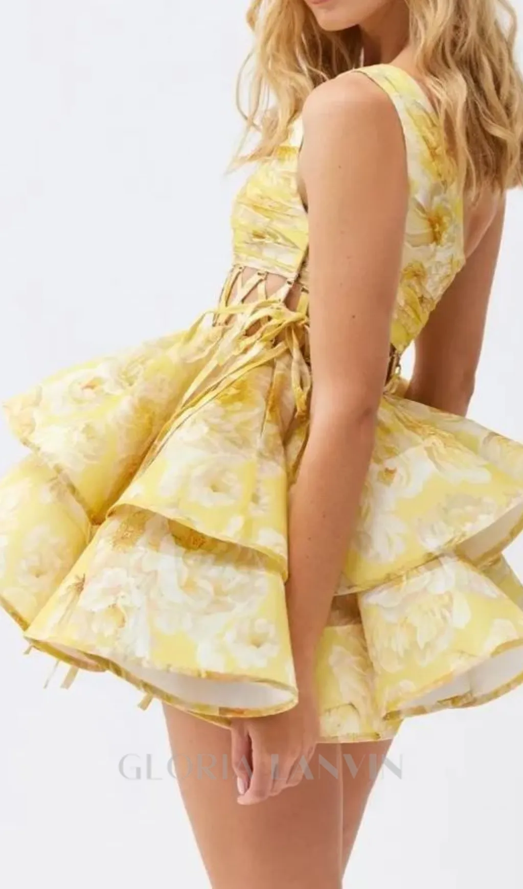 GAIL YELLOW FLORAL PRINTED ONE-SHOULDER MINI CHIFFON DRESS Gloria Lanvin
