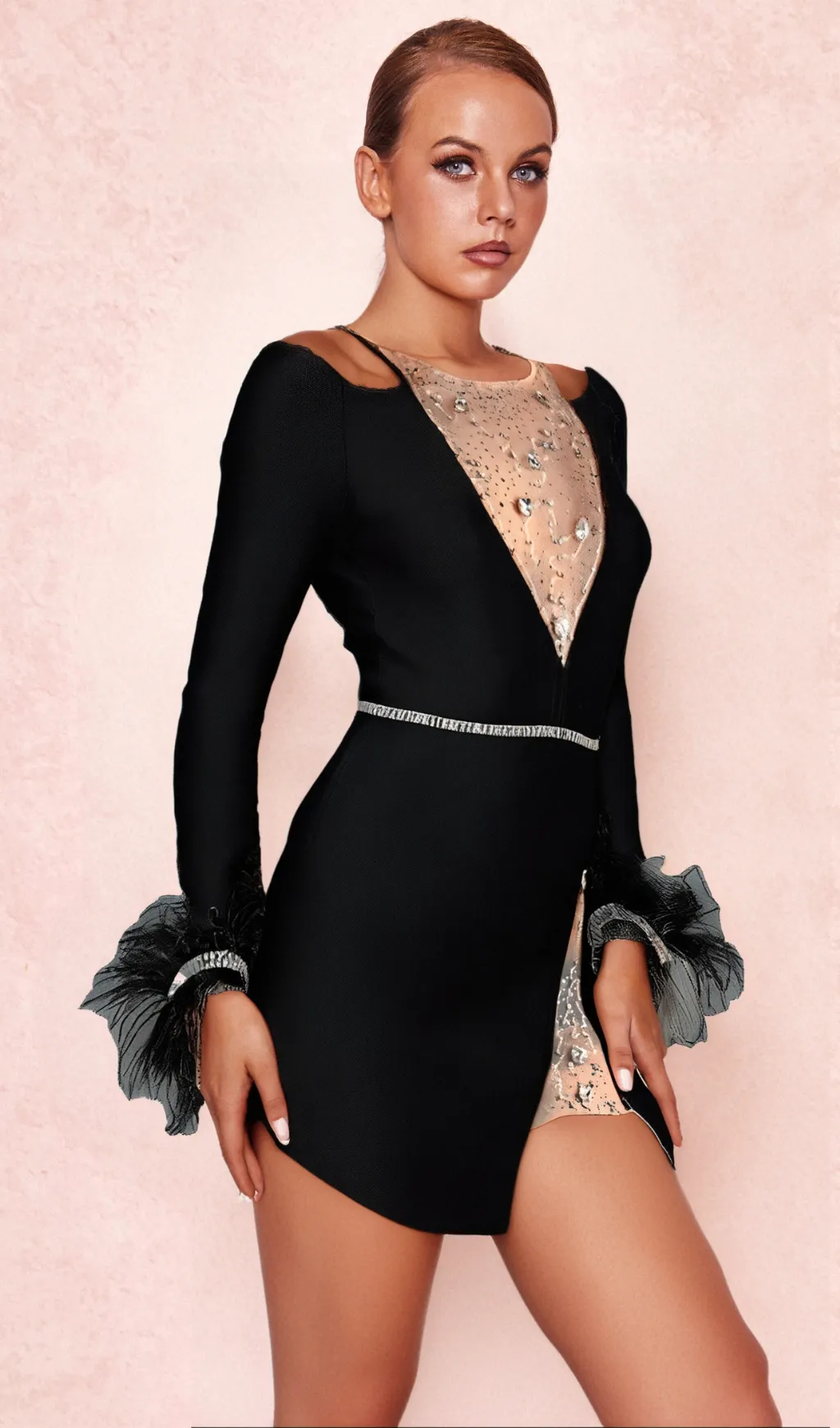 GAROTIS LONG SLEEVE CRYSTAL FEATHER DRESS Gloria Lanvin