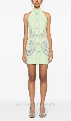 GEMMA PAISLEY-EMBELLISHED TWEED MINI DRESS IN GREEN Gloria Lanvin