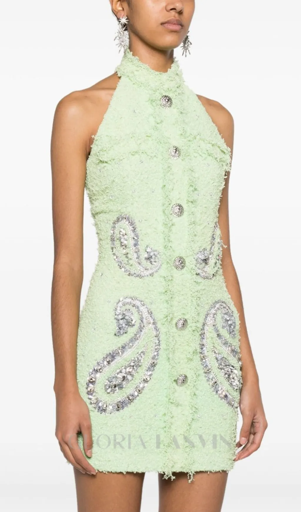 GEMMA PAISLEY-EMBELLISHED TWEED MINI DRESS IN GREEN Gloria Lanvin
