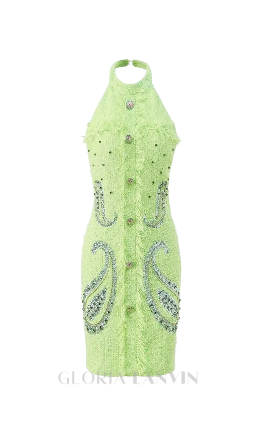 GEMMA PAISLEY-EMBELLISHED TWEED MINI DRESS IN GREEN Gloria Lanvin