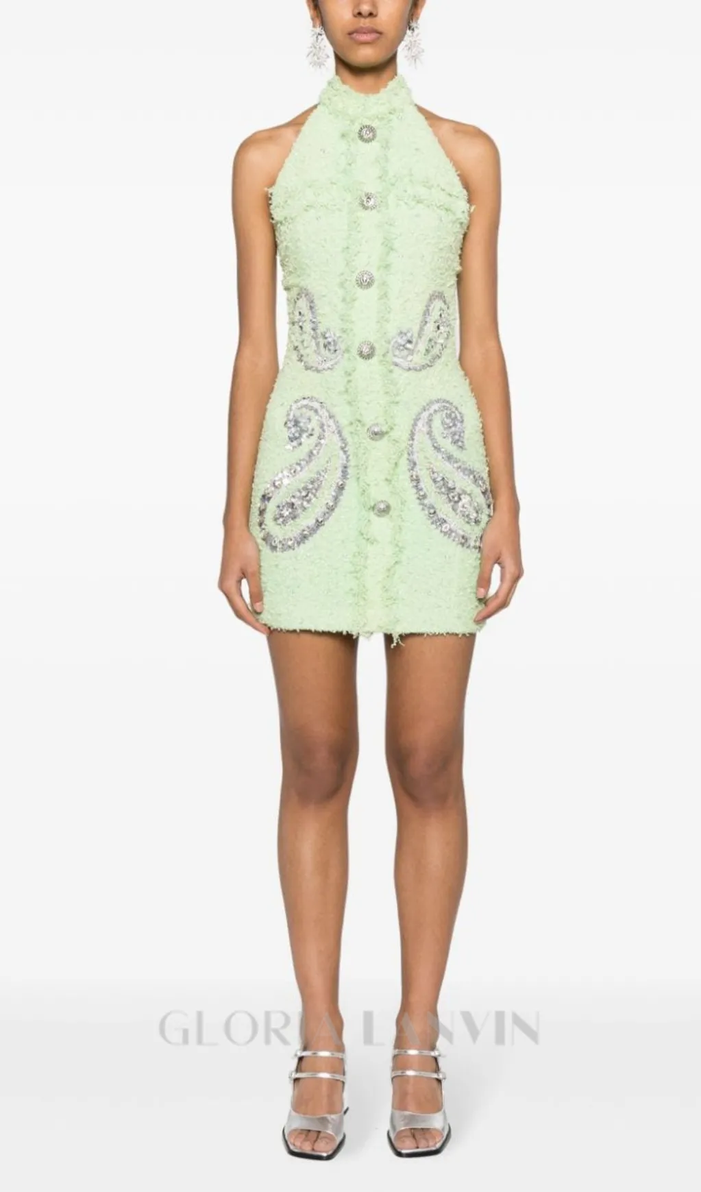 GEMMA PAISLEY-EMBELLISHED TWEED MINI DRESS IN GREEN Gloria Lanvin