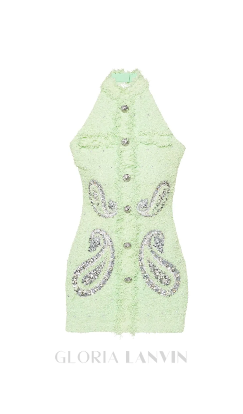 GEMMA PAISLEY-EMBELLISHED TWEED MINI DRESS IN GREEN Gloria Lanvin