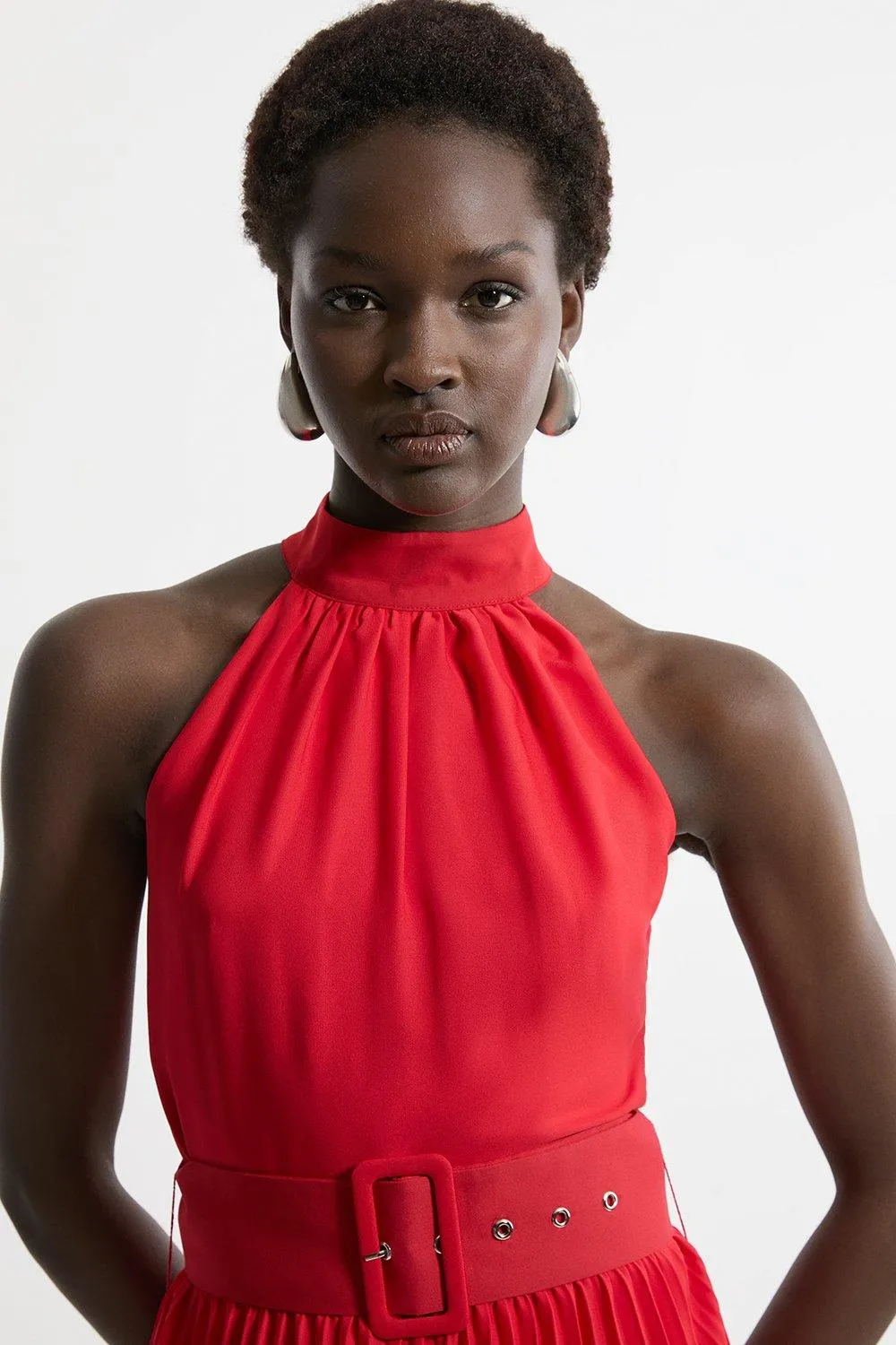 Georgette Belted Pleat Halter Woven Midi Dress Gloria Lanvin