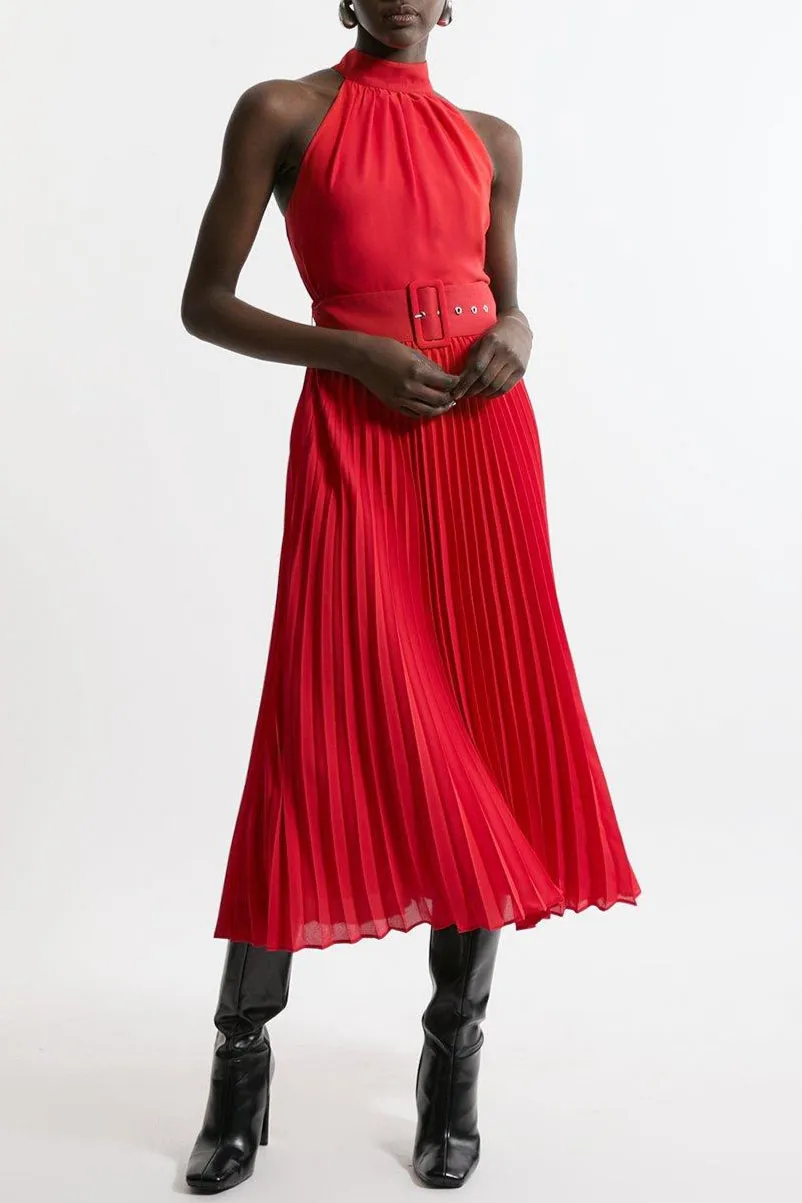 Georgette Belted Pleat Halter Woven Midi Dress Gloria Lanvin