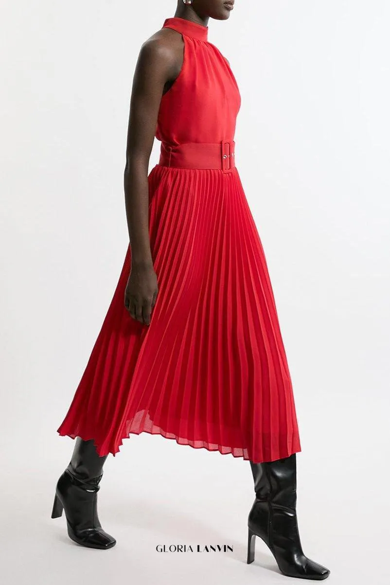 Georgette Belted Pleat Halter Woven Midi Dress Gloria Lanvin
