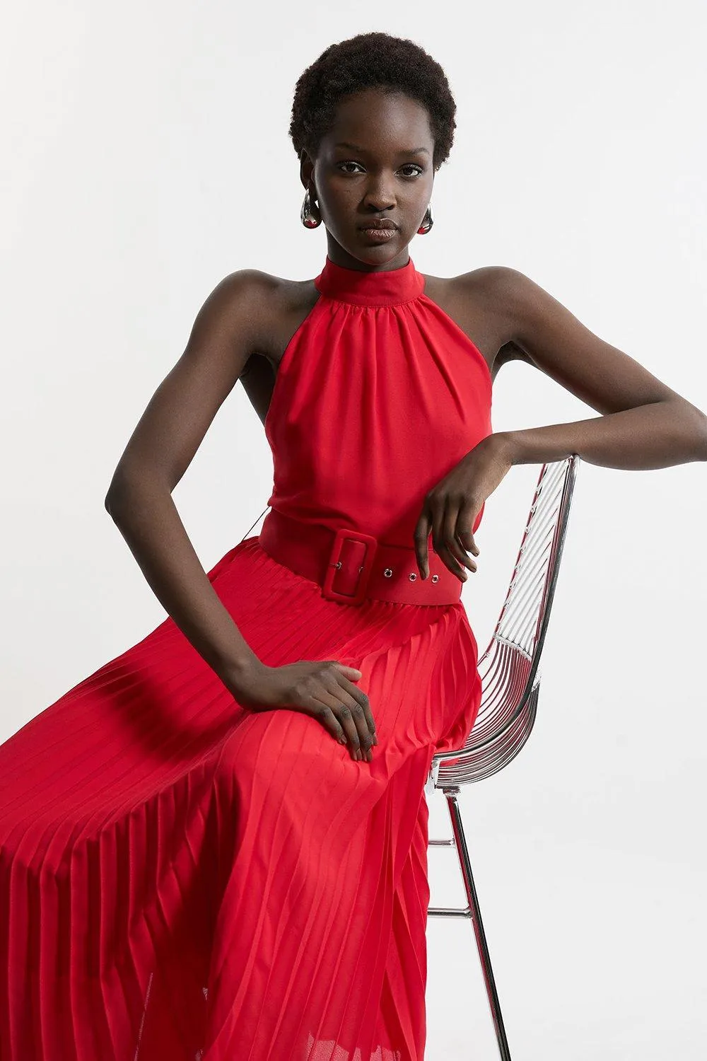 Georgette Belted Pleat Halter Woven Midi Dress Gloria Lanvin