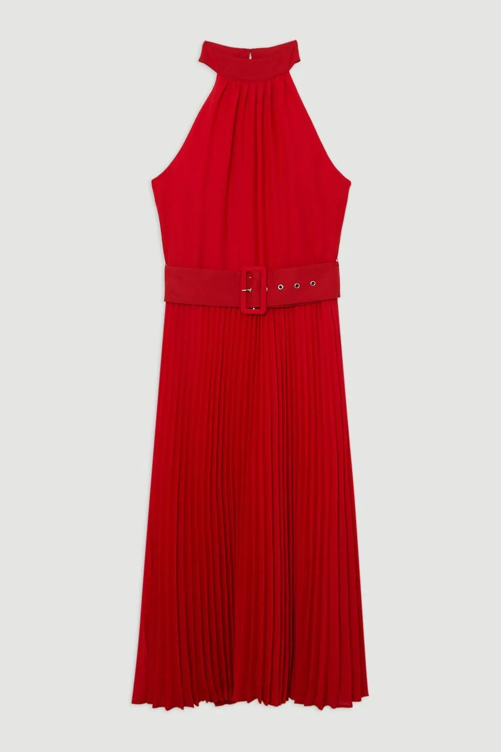 Georgette Belted Pleat Halter Woven Midi Dress Gloria Lanvin