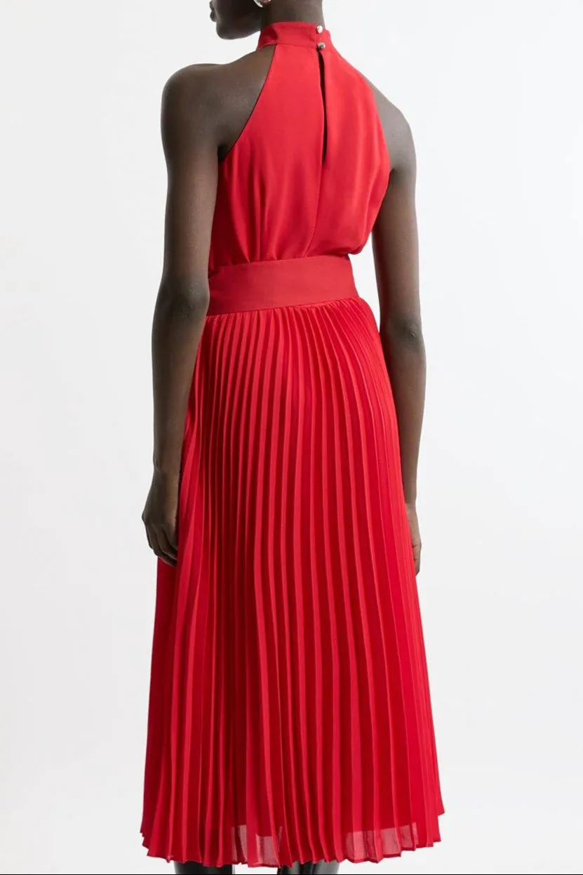 Georgette Belted Pleat Halter Woven Midi Dress Gloria Lanvin