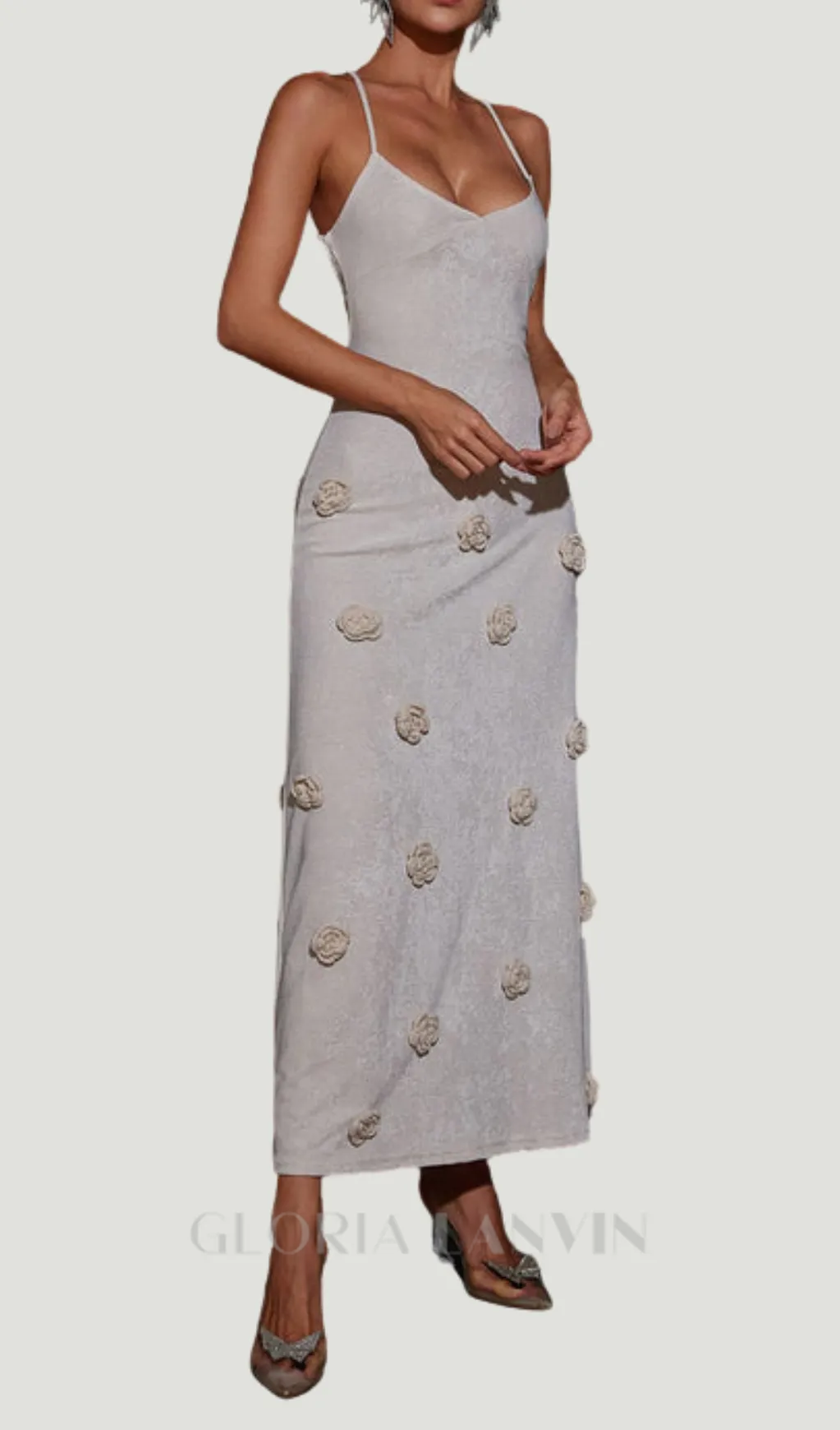 GIORGIO GRAY FLOWER KNITTED MAXI DRESS Gloria Lanvin