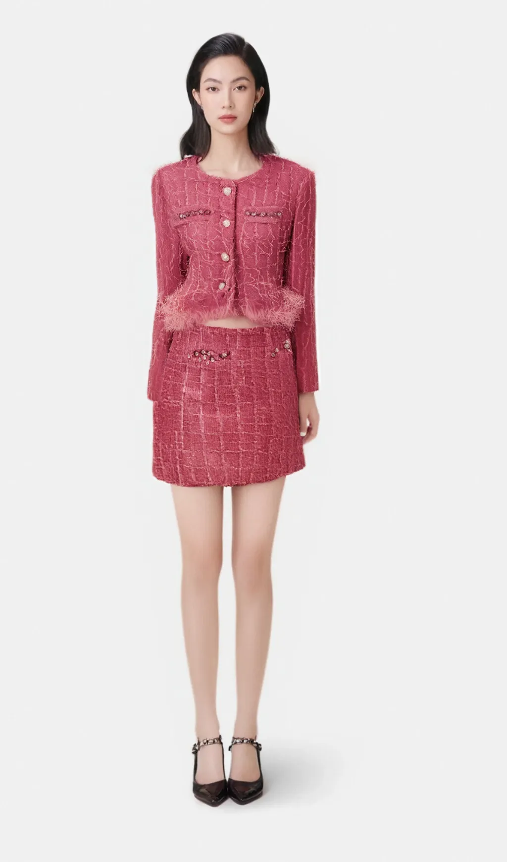 Gisle tweed fringed jacket & skirt matching set Gloria Lanvin