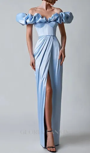 GLADYS BLUE CRYSTAL OFF-SHOULDER MAXI SPLIT DRESS Gloria Lanvin