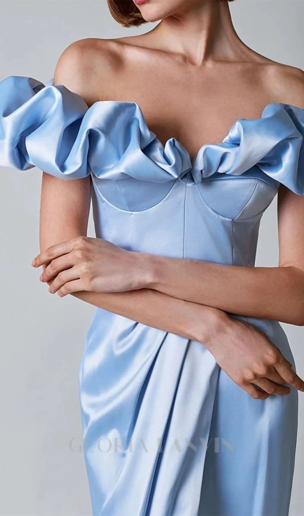 GLADYS BLUE CRYSTAL OFF-SHOULDER MAXI SPLIT DRESS Gloria Lanvin