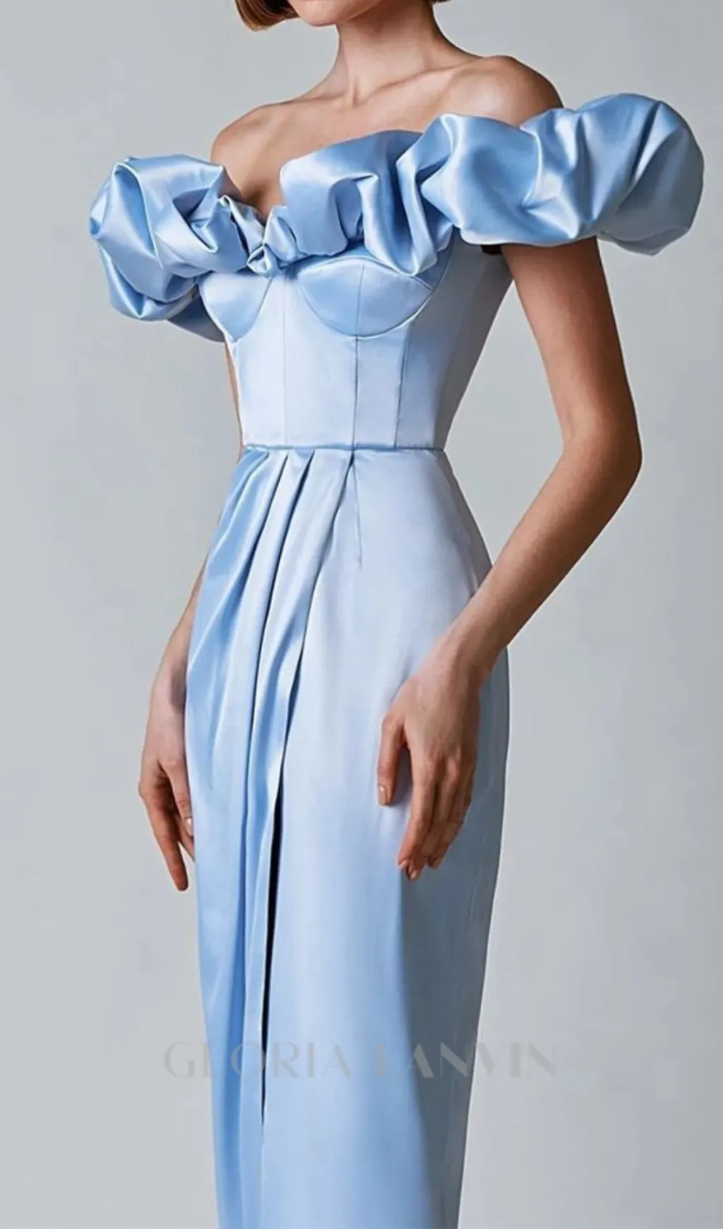 GLADYS BLUE CRYSTAL OFF-SHOULDER MAXI SPLIT DRESS Gloria Lanvin