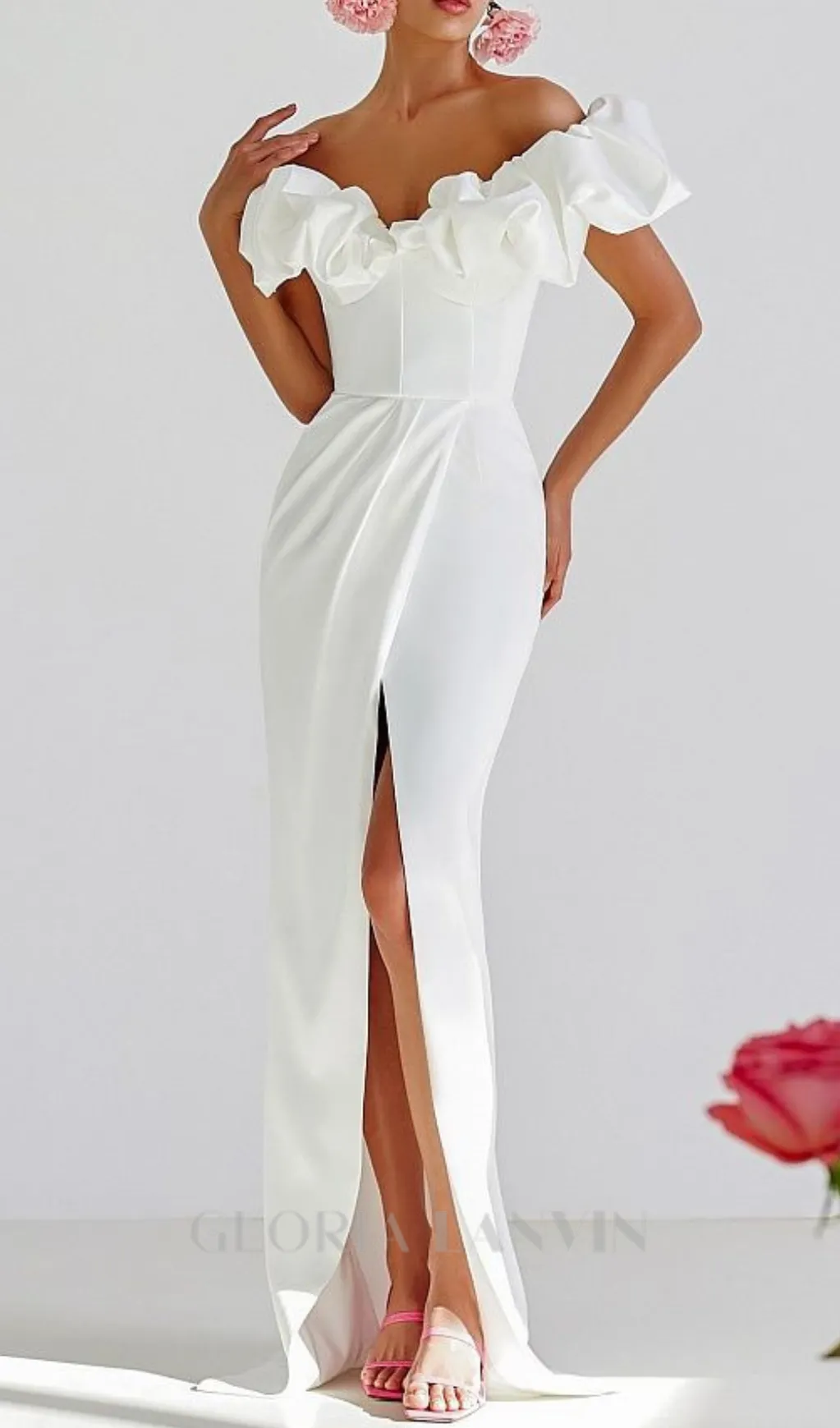 GLADYS WHITE CRYSTAL OFF-SHOULDER MAXI SPLIT DRESS Gloria Lanvin