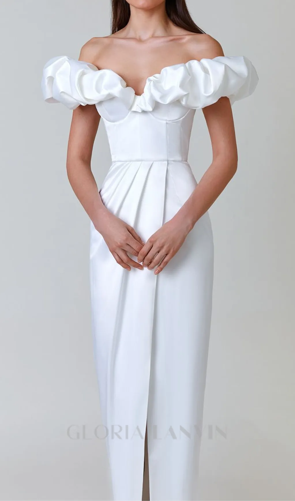 GLADYS WHITE CRYSTAL OFF-SHOULDER MAXI SPLIT DRESS Gloria Lanvin