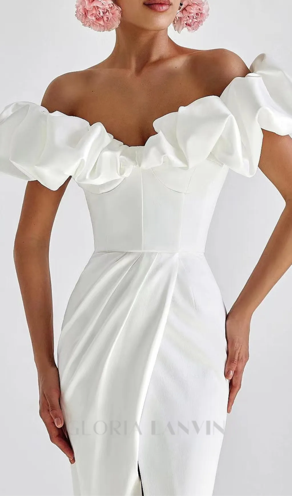 GLADYS WHITE CRYSTAL OFF-SHOULDER MAXI SPLIT DRESS Gloria Lanvin