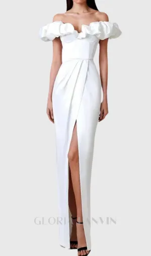 GLADYS WHITE CRYSTAL OFF-SHOULDER MAXI SPLIT DRESS Gloria Lanvin