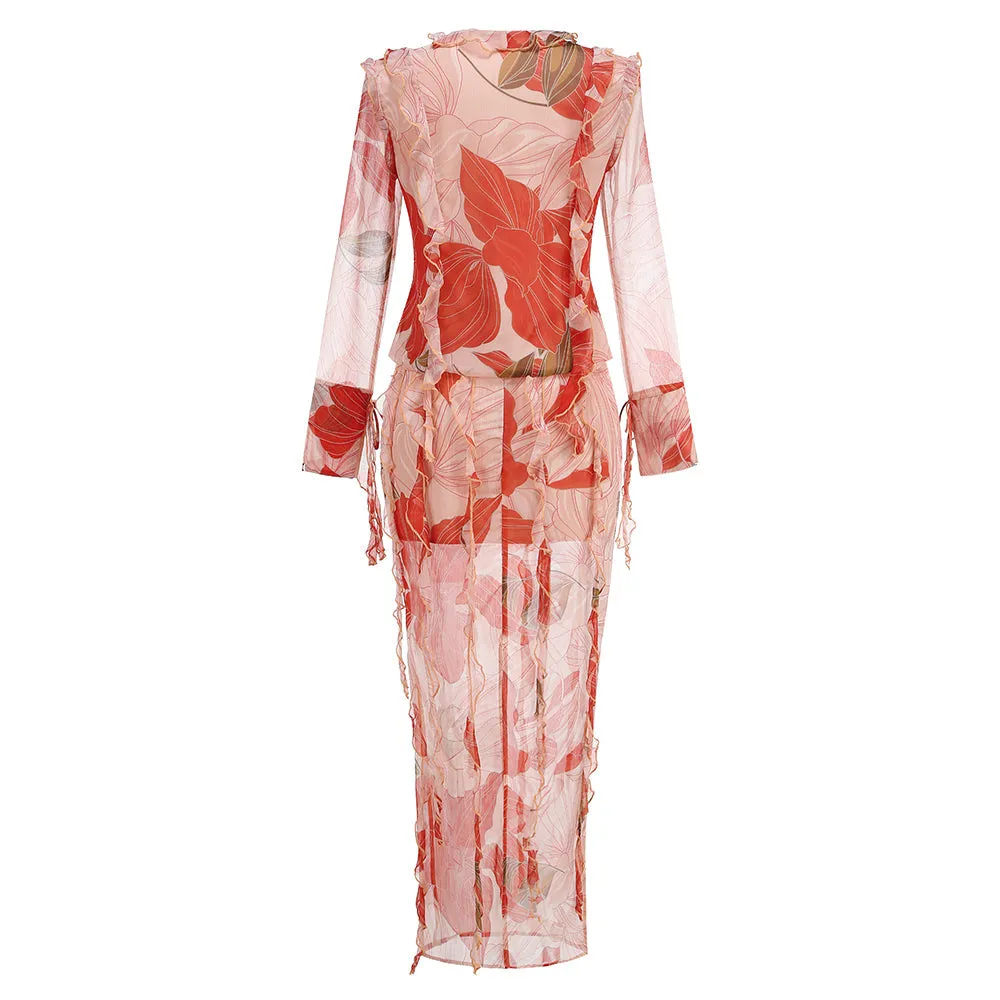GLORIA PRINTED CUT OUT RUFFLE TRIM SKIRT SUIT Gloria Lanvin