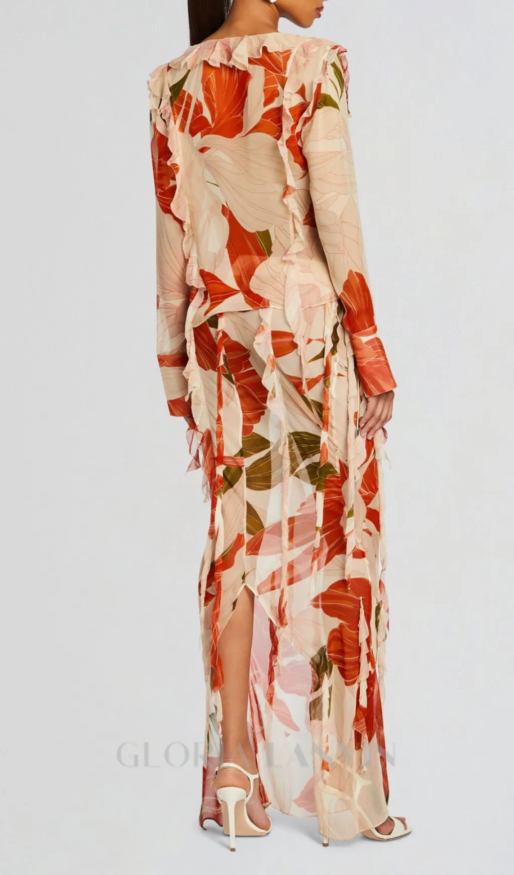 GLORIA PRINTED CUT OUT RUFFLE TRIM SKIRT SUIT Gloria Lanvin