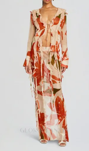 GLORIA PRINTED CUT OUT RUFFLE TRIM SKIRT SUIT Gloria Lanvin