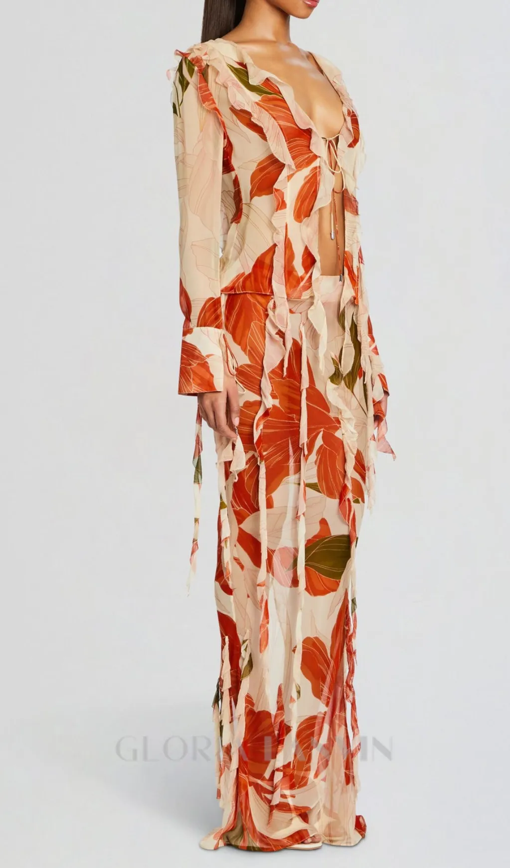 GLORIA PRINTED CUT OUT RUFFLE TRIM SKIRT SUIT Gloria Lanvin