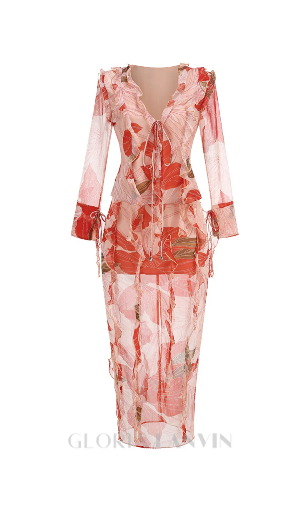 GLORIA PRINTED CUT OUT RUFFLE TRIM SKIRT SUIT Gloria Lanvin