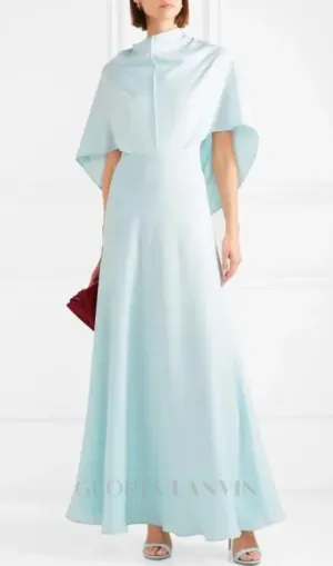 Glossy Silk Twill Satin Cape Maxi Dress in pale blue Gloria Lanvin