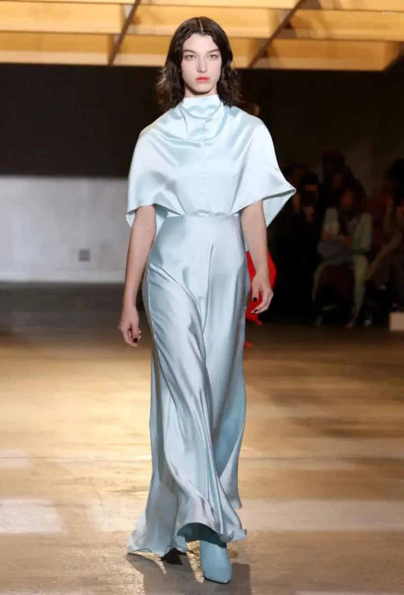 Glossy Silk Twill Satin Cape Maxi Dress in pale blue Gloria Lanvin