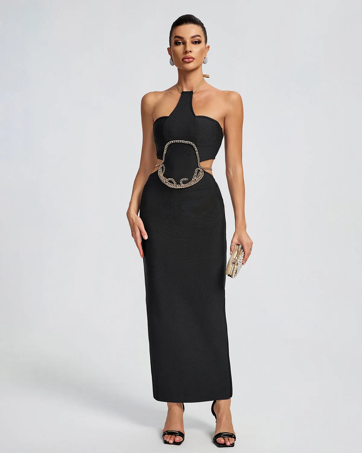 GOLD CHAIN WAIST CUTOUT BANDAGE DRESS Gloria Lanvin