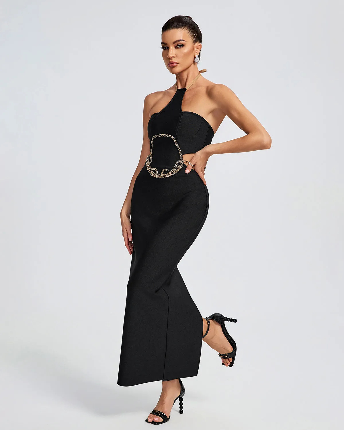 GOLD CHAIN WAIST CUTOUT BANDAGE DRESS Gloria Lanvin