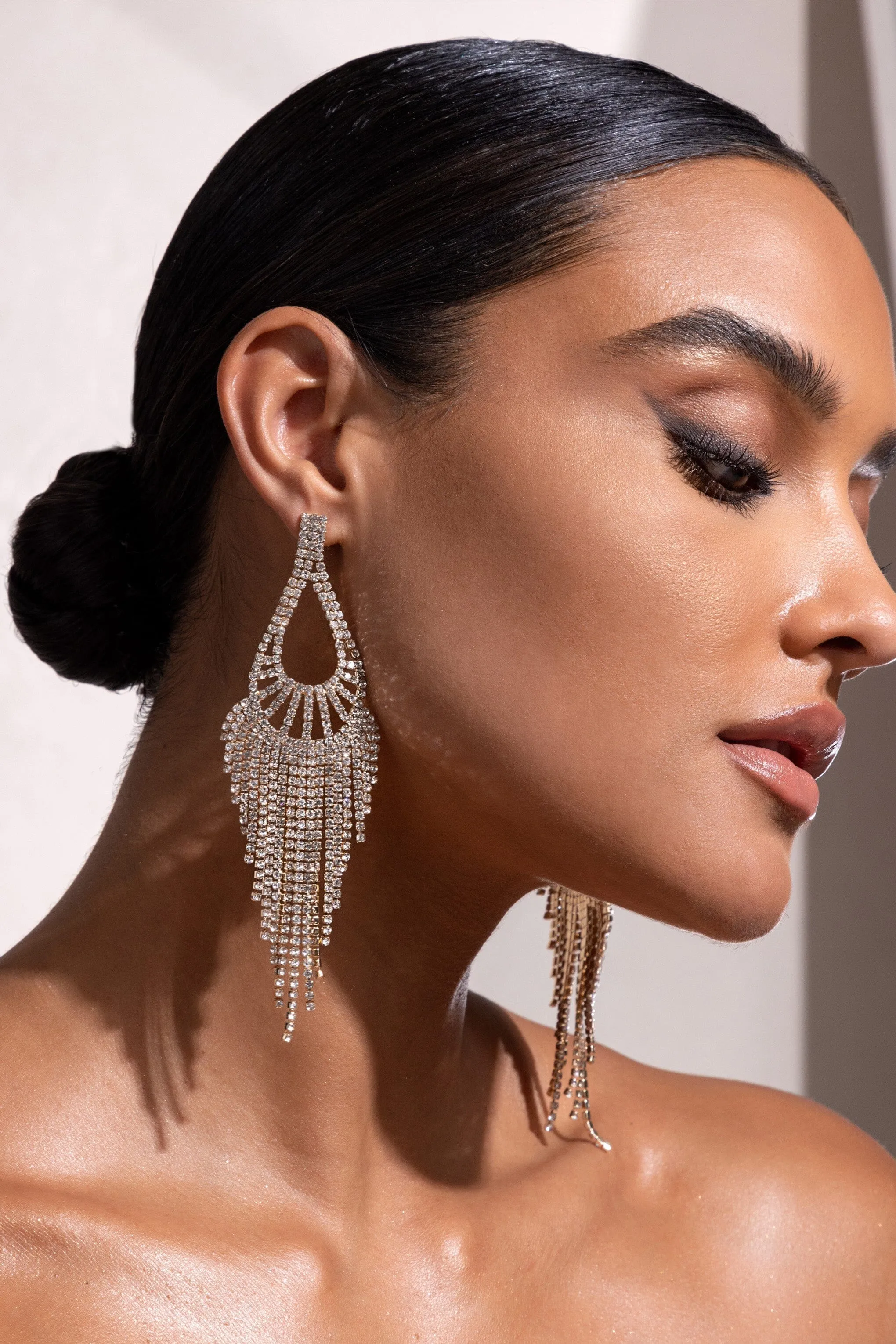 GOLD DIAMANTE TEARDROP TASSEL EARRINGS Gloria Lanvin