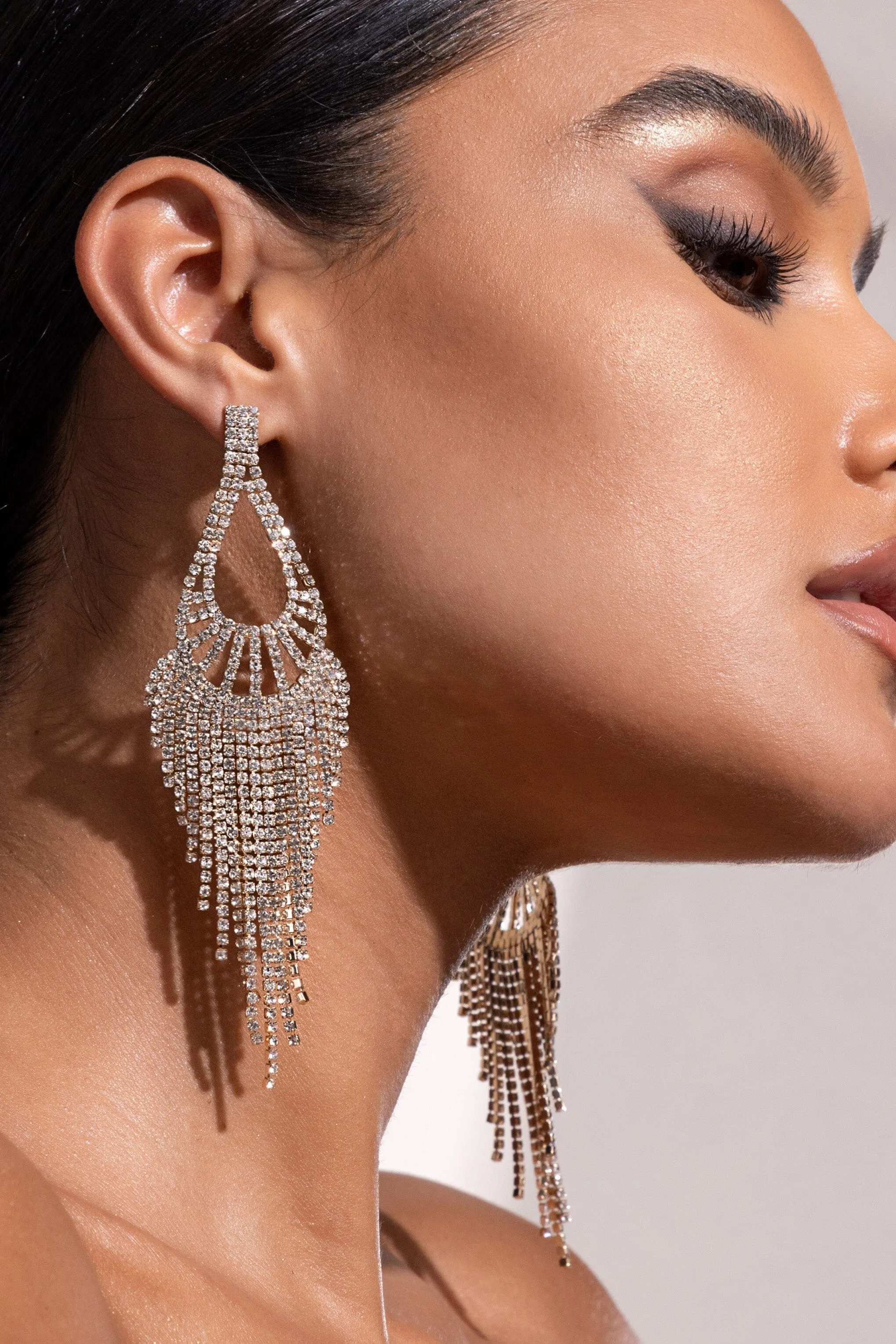 GOLD DIAMANTE TEARDROP TASSEL EARRINGS Gloria Lanvin