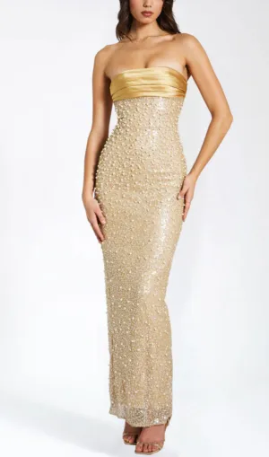 GOLD SATIN SEQUIN PEARLS BEADED MAXI DRESS Gloria Lanvin