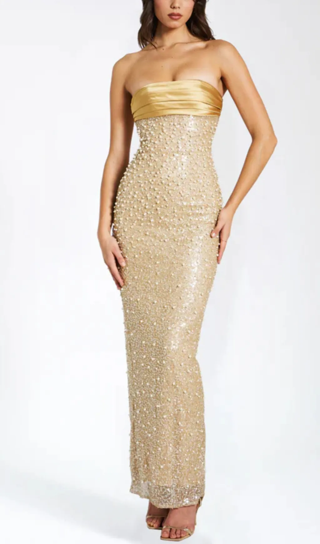 GOLD SATIN SEQUIN PEARLS BEADED MAXI DRESS Gloria Lanvin