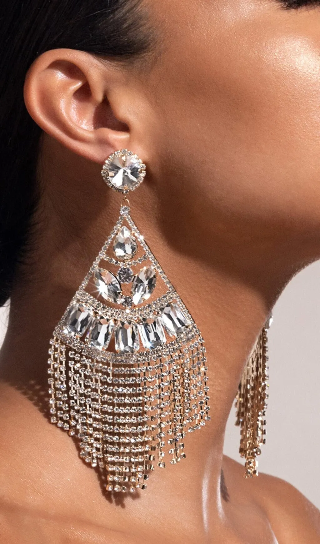 GOLD STATEMENT CRYSTAL DROP TASSEL EARRINGS Gloria Lanvin