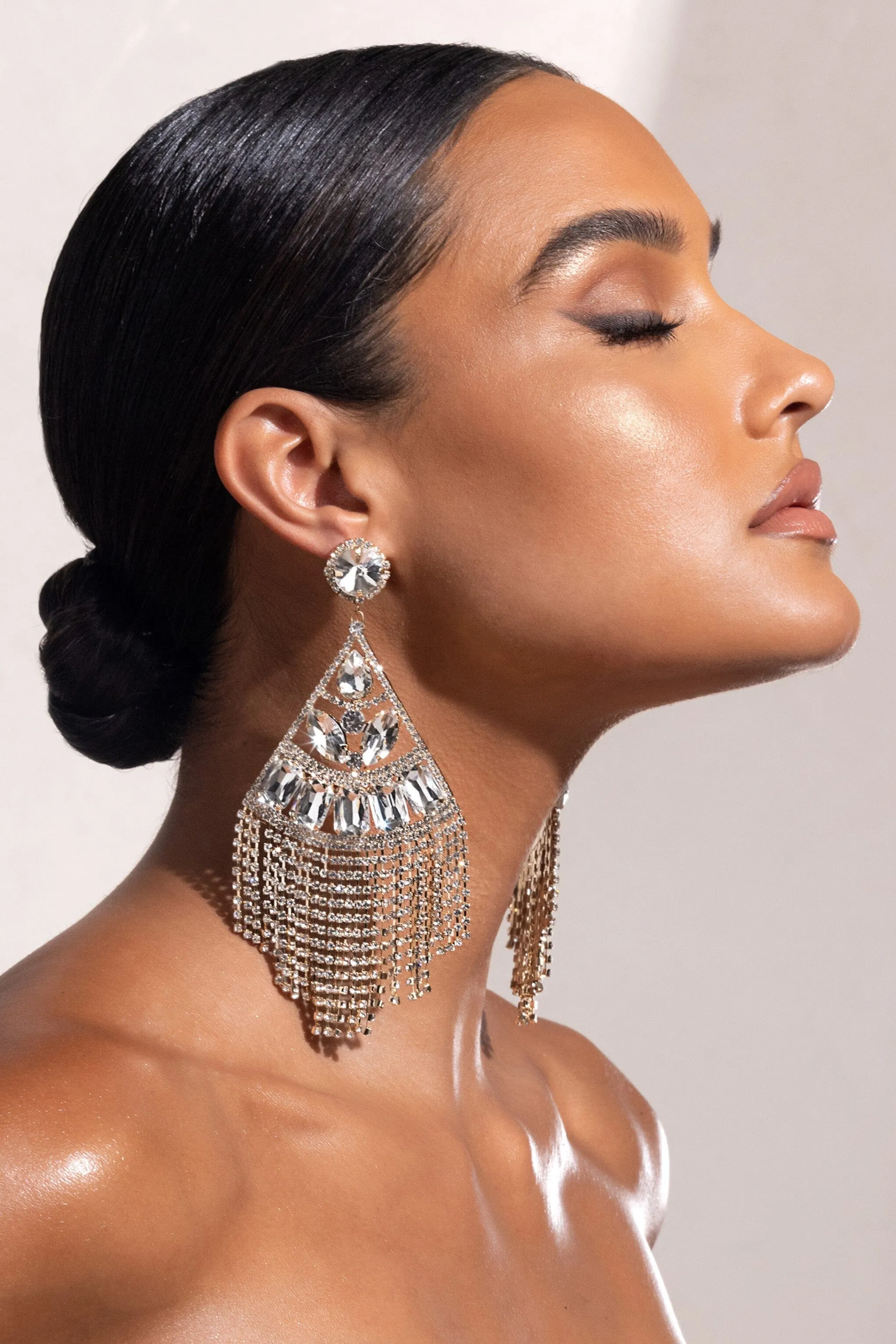 GOLD STATEMENT CRYSTAL DROP TASSEL EARRINGS Gloria Lanvin