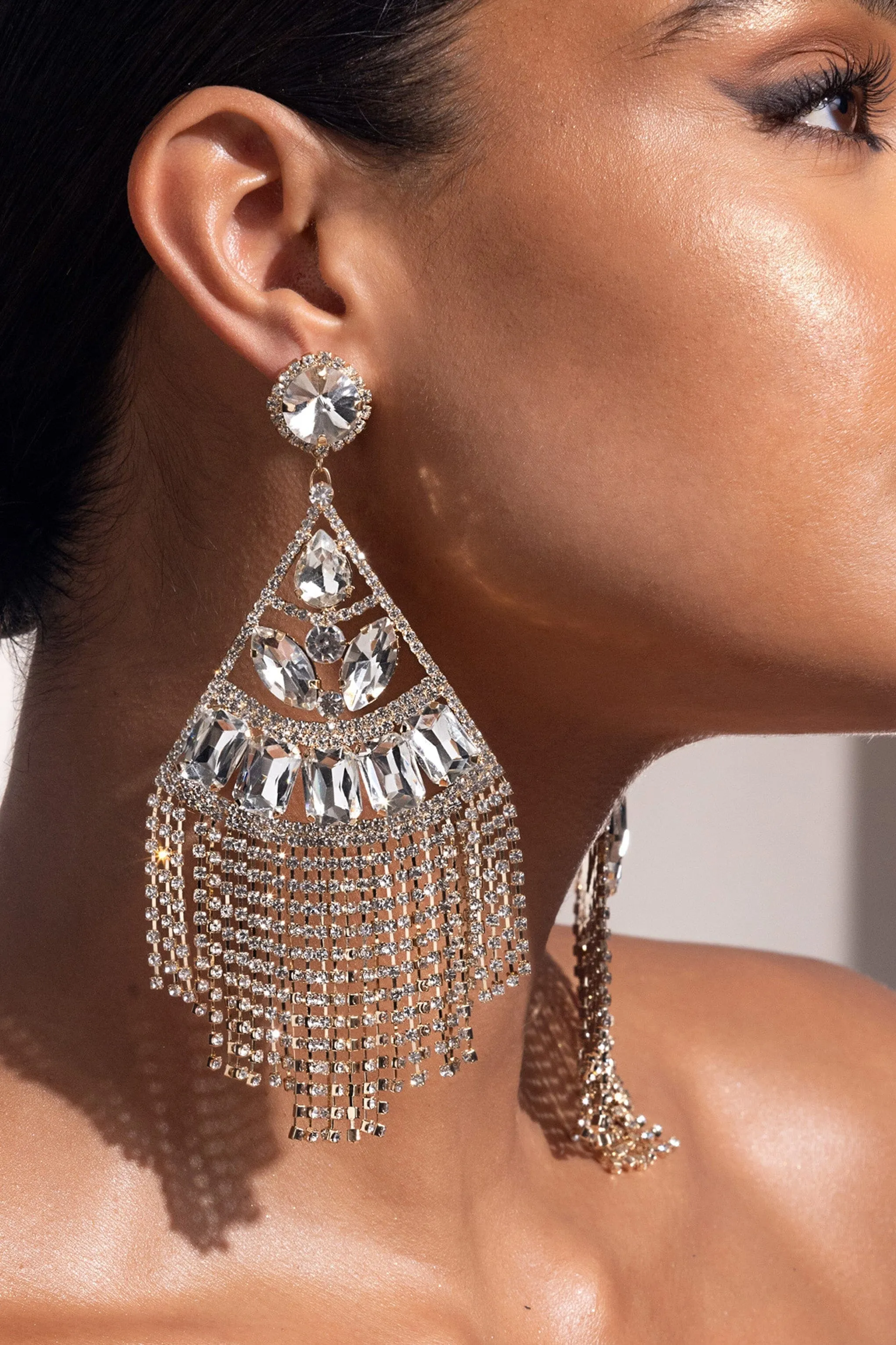 GOLD STATEMENT CRYSTAL DROP TASSEL EARRINGS Gloria Lanvin