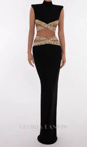 Gold X Beads Embellished Black maxi Dress Gloria Lanvin