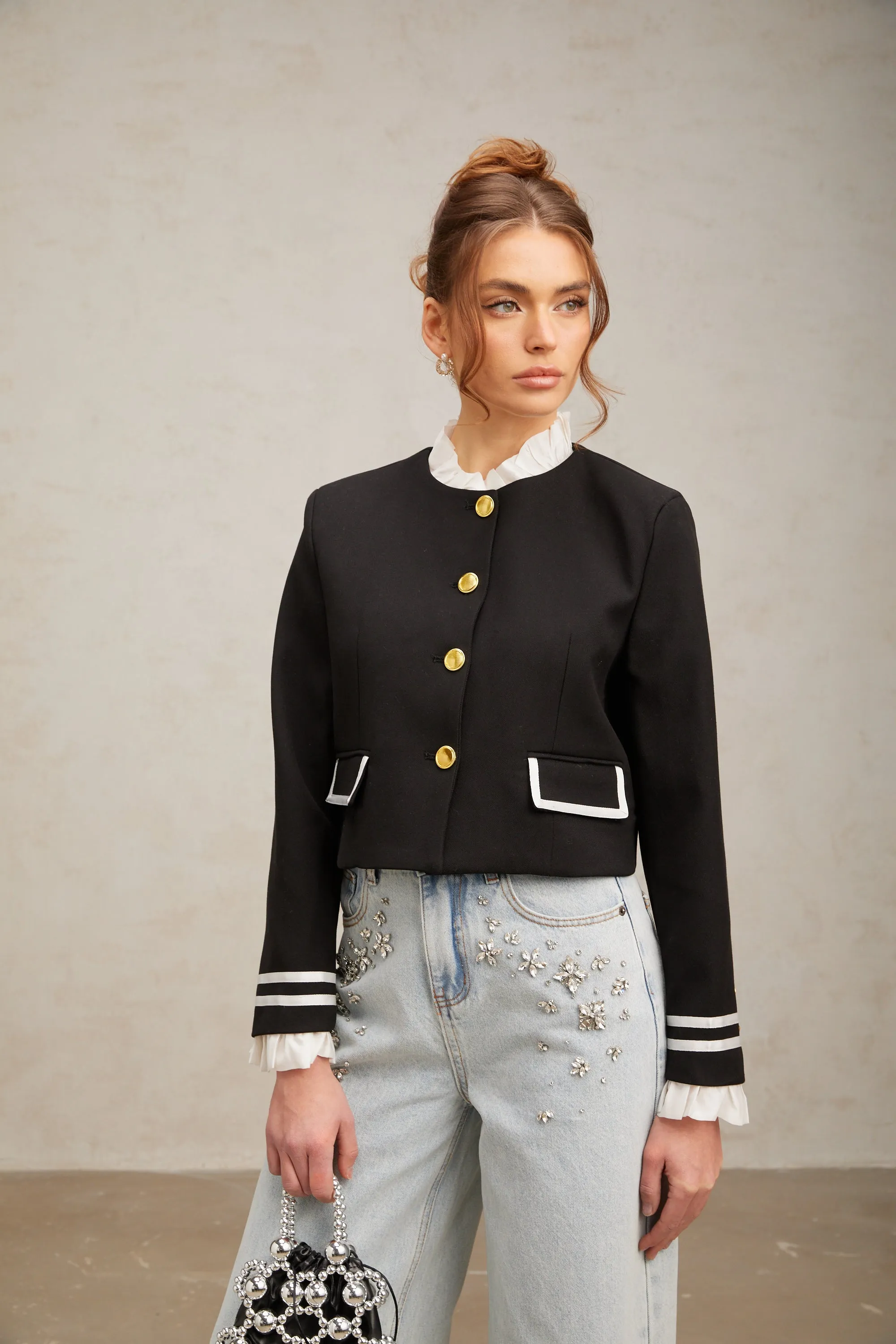 Graldine black ruffled-trim jacket Gloria Lanvin