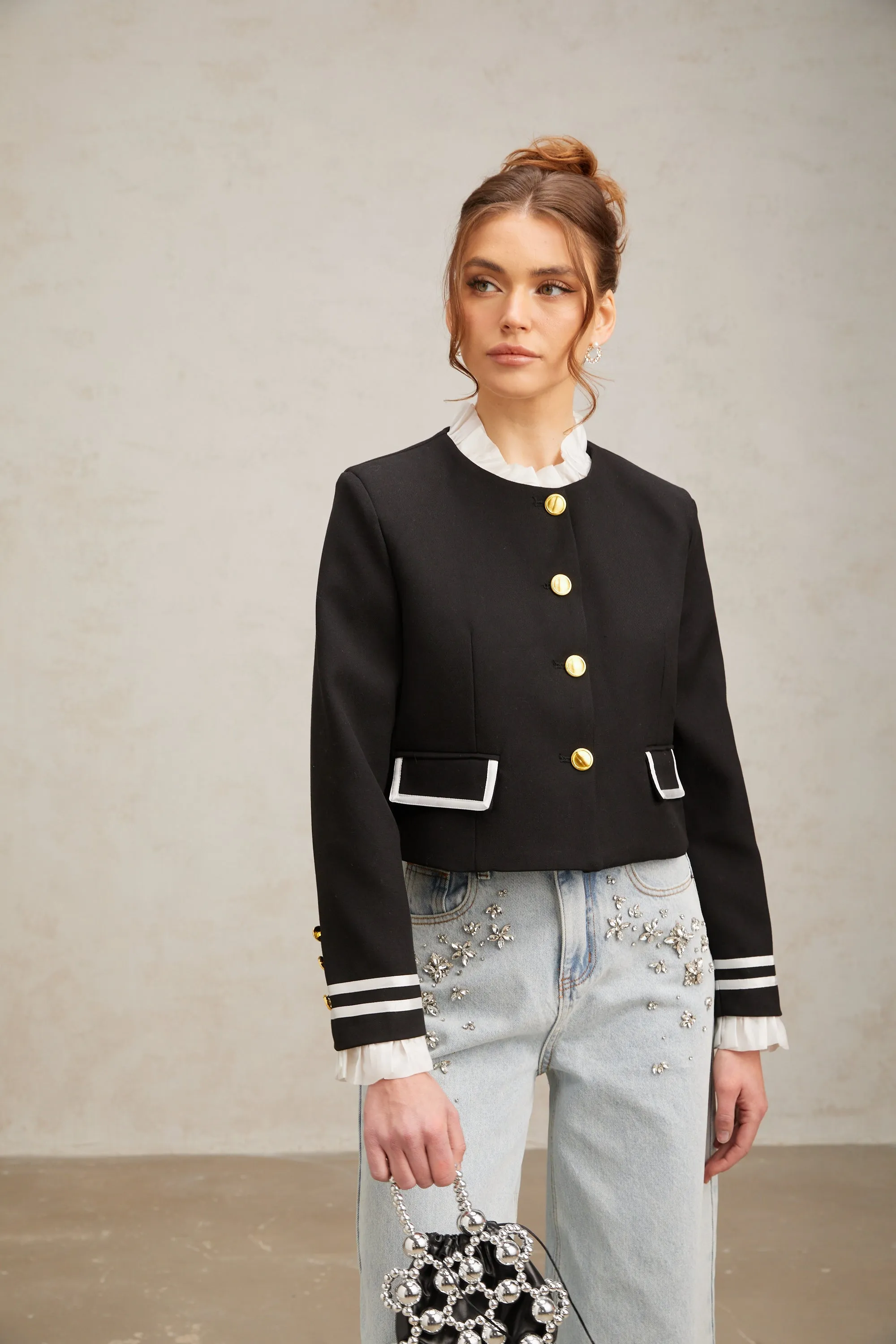 Graldine black ruffled-trim jacket Gloria Lanvin