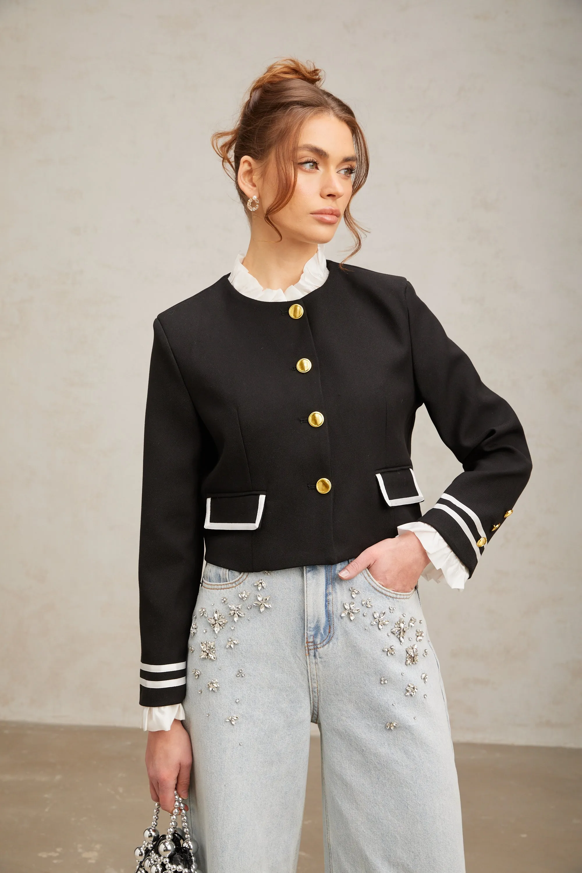 Graldine black ruffled-trim jacket Gloria Lanvin